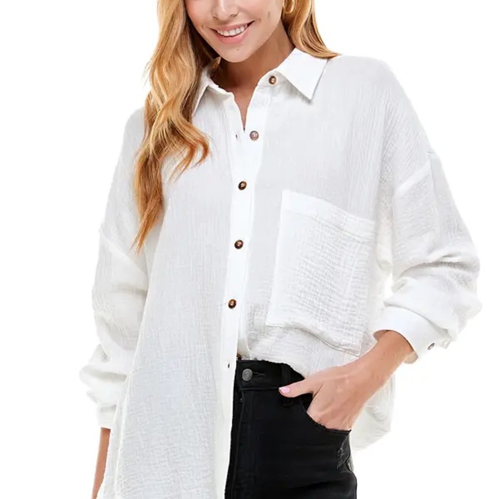 Relaxed White Button-Down Textured Shirt - Casual Oversized Women’s Top